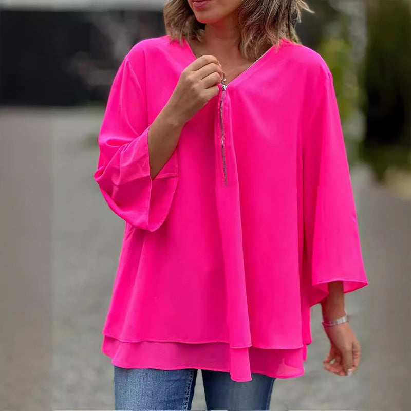 Heidi - V-Neck Flowy Zipped Top