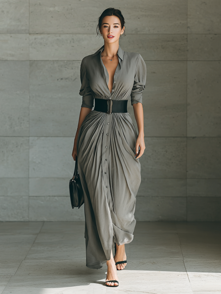 Susan - Long dress with lapel collar and long sleeves