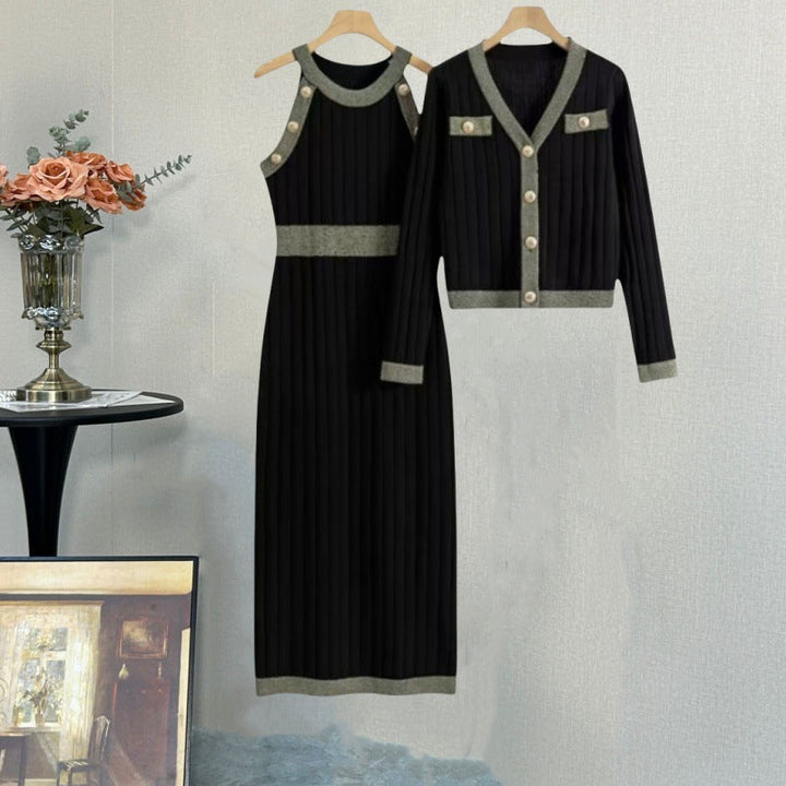 Alodia - Ribbed Knit Dress & Cardigan Set