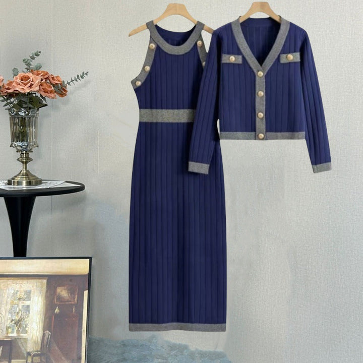 Alodia - Ribbed Knit Dress & Cardigan Set