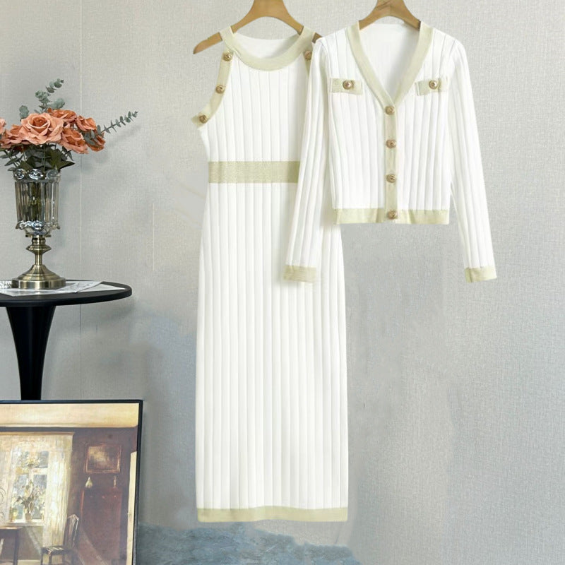 Alodia - Ribbed Knit Dress & Cardigan Set